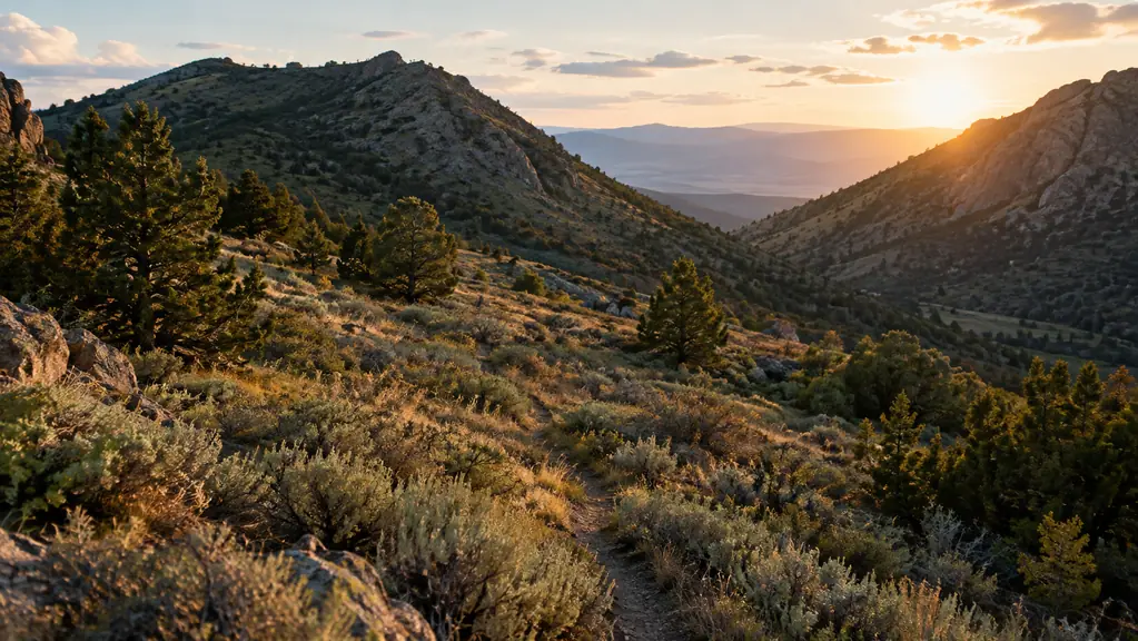 A narrow saddle between two ridges with a deer trail crossing through sagebrush and juniper.