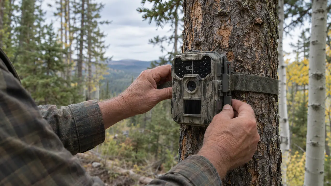 A hunter's hand adjusting a trail camera mounted on a tree trunk in mixed forest.
