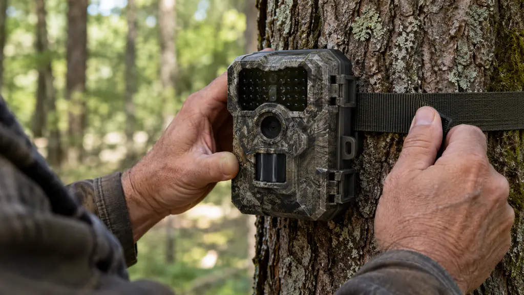 Hands in work gloves tightening the web strap of a trail camera around a tree trunk.