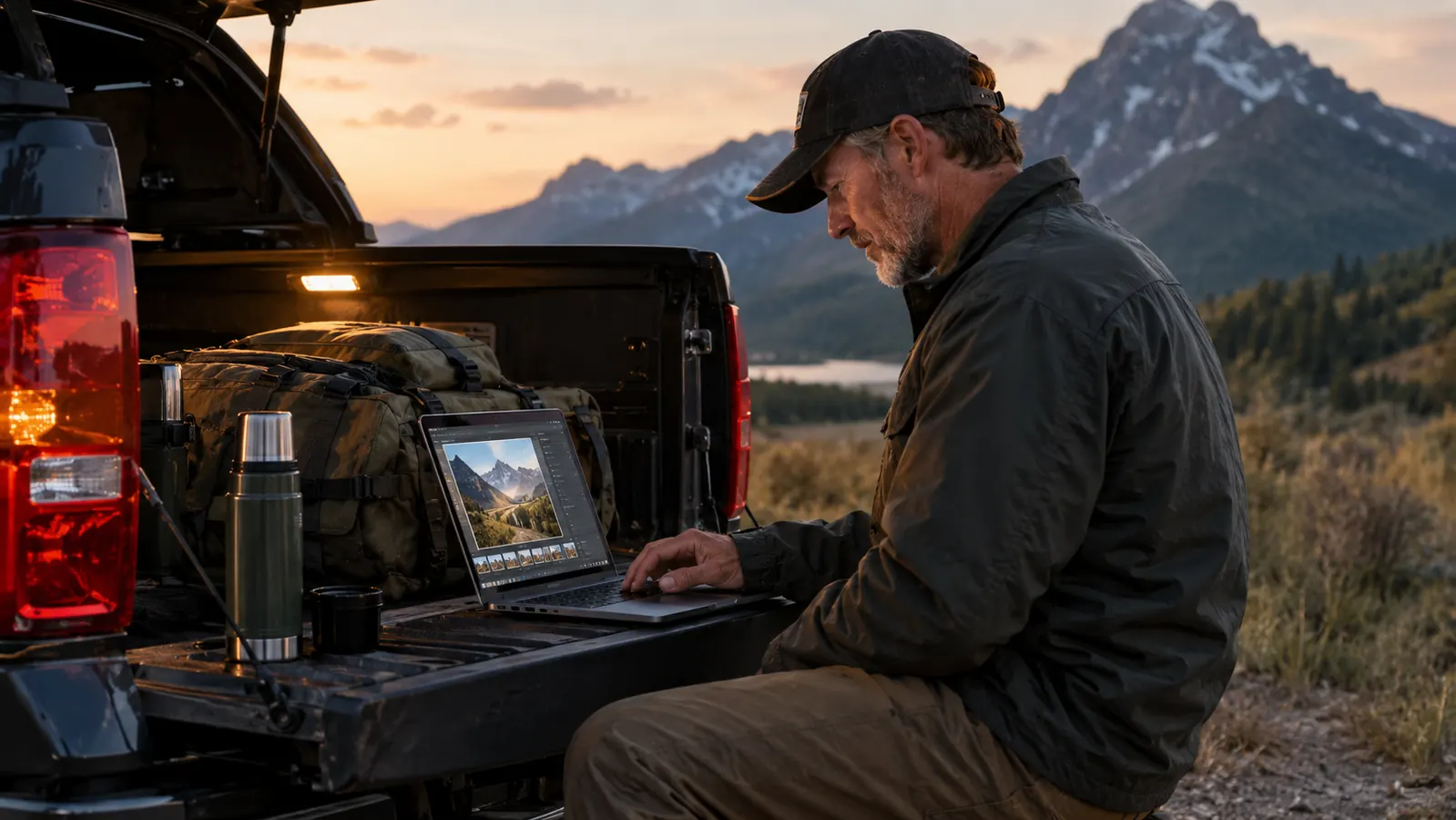 An outdoorsman in an orange vest reviewing camera photos on a laptop at the tailgate of a pickup truck at dusk.