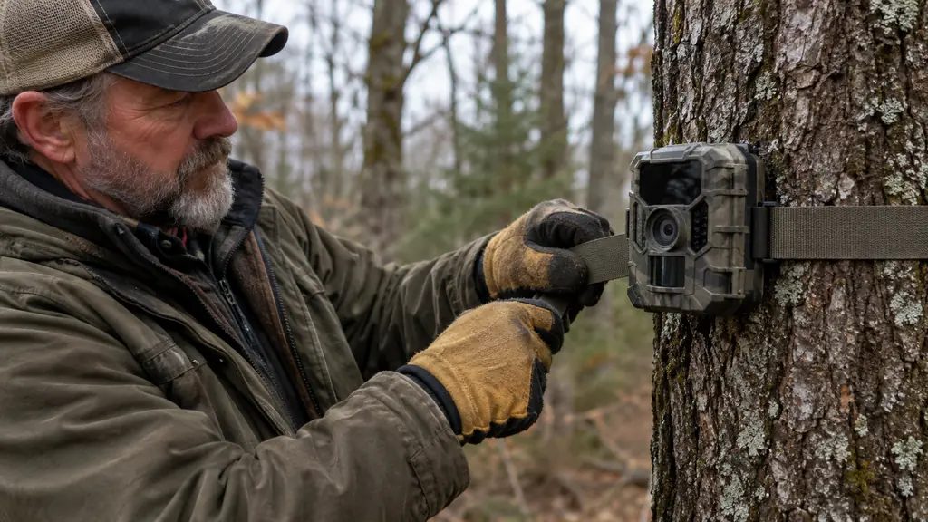 A hand in a work glove tightening the strap on a trail camera mounted to a tree at chest height