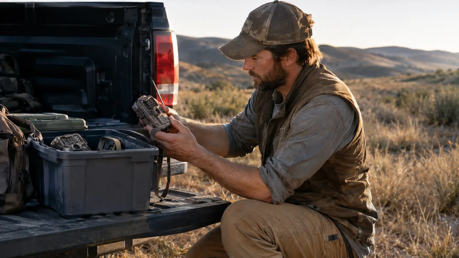 A hunter kneeling beside an open plastic tote on a pickup tailgate, holding a trail camera